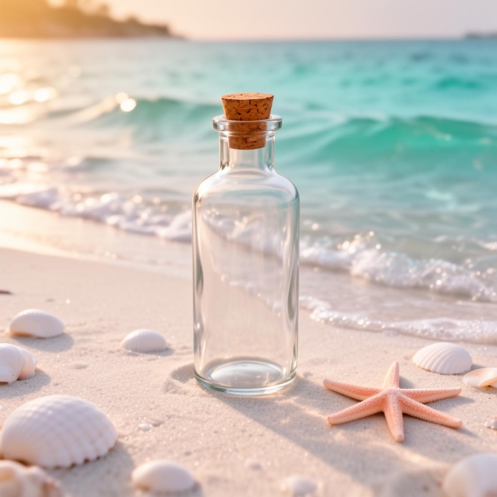 A bottle on warm wet sand